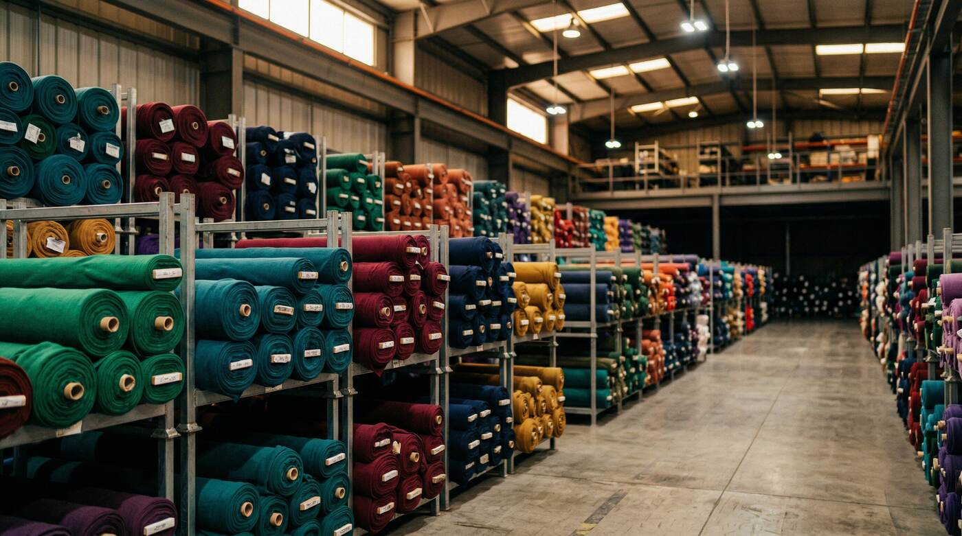Rolls of coloured fabric on shelves